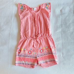 PL kids. Coral pink Girls Romper with turquoise/coral/yellow embroidery. Size 6